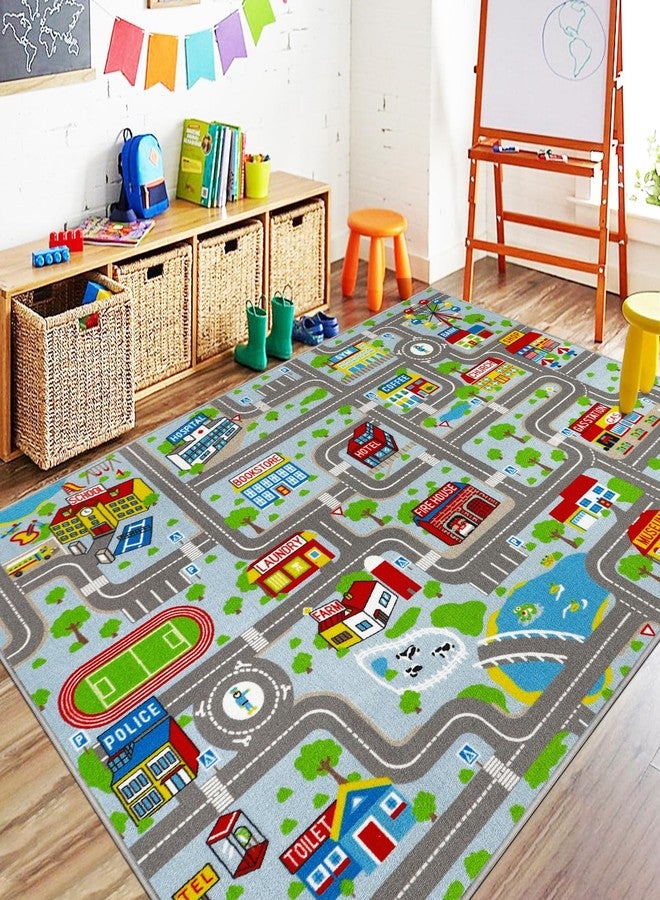 Capslpad Sky Blue Car Road Kid Rug Carpet Playmat for Playoom Traffic Road Kids Play Mat for Toddler Non Slip Washable City Map Race Track Carpet Rug for Kids Room Bedroom Nursery Room Decor,6.6'x5' - Image 1